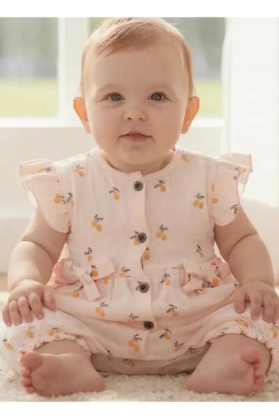 Nanon Baby Altıntaş Baby - Cherry Pompom Patterned Muslin Bow Jumpsuit