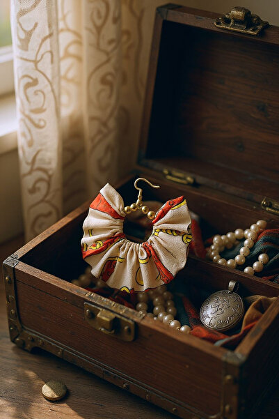 maia Kadın Altın Renk Halka Sallantılı Küpe – Bej Zincir Desenli Kumaş Boncuklu Tasarım