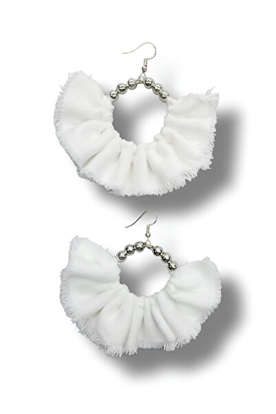 maia Women's Silver Color Hoop Dangle Earrings – White Denim Fabric Beaded De...