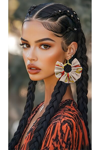 maia Kadın Altın Renk Halka Sallantılı Küpe – Bej Zincir Desenli Kumaş Boncuklu Tasarım