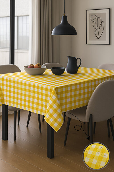 Soft Kare Panama Keteni Sıvı Geçirmez Sarı Kareli Masa Örtüsü