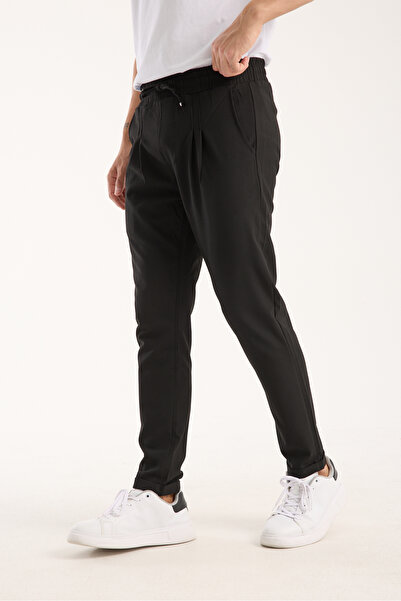 OneZero Erkek Jogger Pileli Bel Lastikli Bağcıklı Likralı Siyah Pantolon