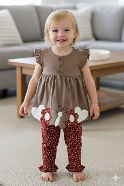 EYMİRGİYİM Butterfly and Embroidered Baby Girl Short Sleeve Double Set 9-12 M...