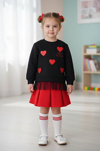 zepkids Crew Neck Heart Printed Black-Red Color Girl's Skirt Suit