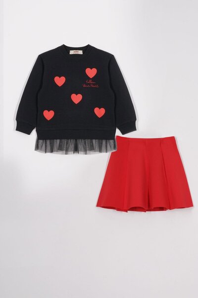 zepkids Crew Neck Heart Printed Black-Red Color Girl's Skirt Suit