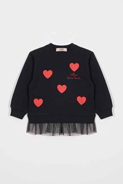 zepkids Crew Neck Heart Printed Black-Red Color Girl's Skirt Suit