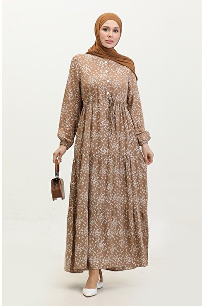 sefamerve Smile Viscose Dress - Floral Print, Half Button, Mink 0358-04