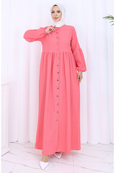 sefamerve Boydan Düğmeli Kolu Lastikli Ferace 2124-05 Nar Çiçeği