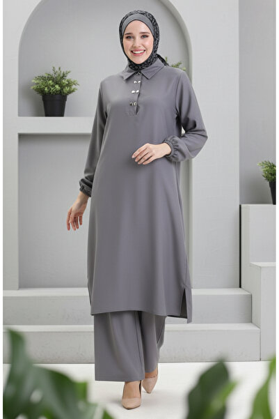sefamerve Gömlek Yaka Tunik Pantolon İkili Takım 0123-02 Koyu Gri