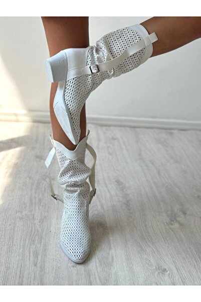 Favi Ayakkabı Fehér bőr fújtatós öv részletes perforált nyári csizma