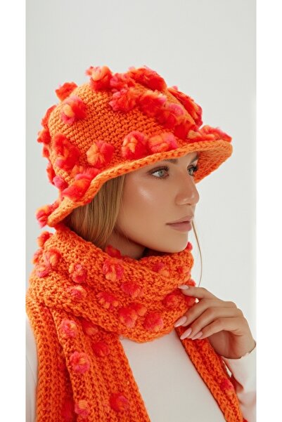 drt tasarım طقم قبعة وشاح طويل بونبونيلا سلسلة فاخرة برتقالي