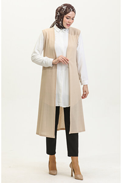 sefamerve Μπεζ μονόχρωμο μακρύ γιλέκο - 8726-02