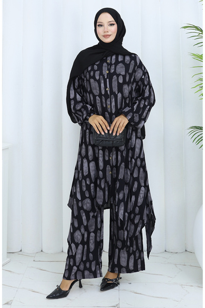 sefamerve Viscose Fabric Tunic Trousers Double Set 2138-04 Black Beige