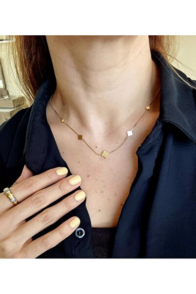 İNİTİUM Paslanmaz Çelik Yonca Detaylı İnce Zincirli Gold Kolye