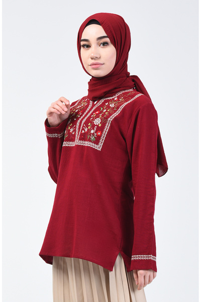 sefamerve Bluză din pânză Şile Brodat Roşu Claret - 0011-01