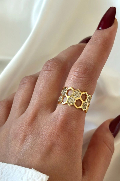 Leo'Stone خاتم نسائي قابل للتعديل بتصميم قرص العسل مزدوج من حجر الزركون