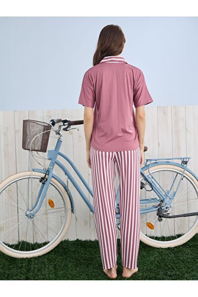 Pijamoni Bambu Milan Kumaş Gülkurusu Renkli Kısa Kollu Gömlek Yaka Kadın Pijama Takımı