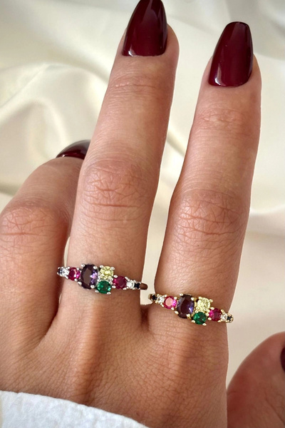 Leo'Stone İthal Seri Zarif Karışık Renkli Oval Taşlı Tasarım Ayarlanabilir Kadın Çelik Yüzük