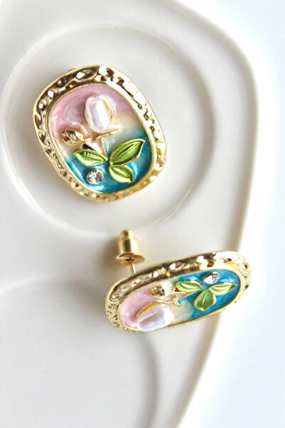 Leo'Stone Vintage Incili Beyaz Gül Motifli 3d Tablo Tasarım Kadın Çelik Küpe