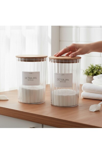 zezedesing Ahşap Kapaklı Oval Çizgili Deterjan Renkliler ve Deterjan Beyazlar Kavanozu 2200ML