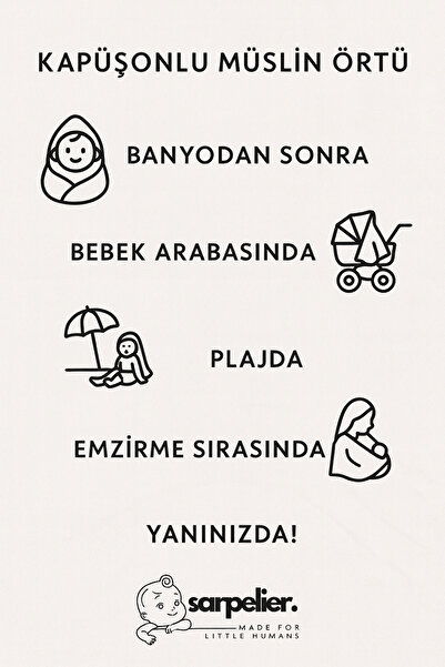 sarpelier Büyük Boy Kapüşonlu Bulut Desen Müslin %100 Pamuk Bebek & Çocuk Müslin Battaniye 100x100cm