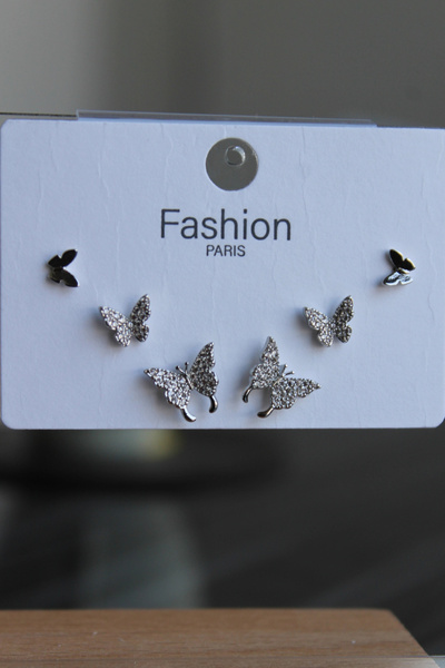 Leo'Stone Yeni Sezon 6'lı Kelebek Tasarım Zirkon Taşlı Gümüş İğneli Çelik Küpe