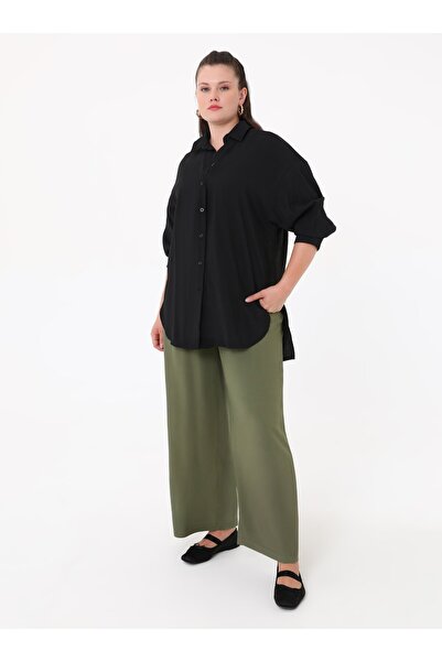 ALİA Viscose Fabric Comfortable Fit Plus Size Trousers - Khaki - Alia