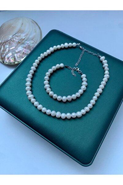 JOVİ ATELİER 40cm 925 Ayar Gümüş Doğal 8mm İnci Kolye Bileklik Set - 40cm 7cm...