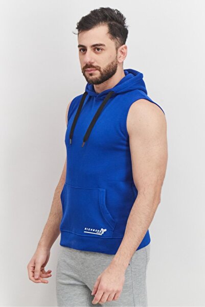 John Richmond Men Hooded With Drawstring Brand Logo Sleeveless Sweatshirt, Blue