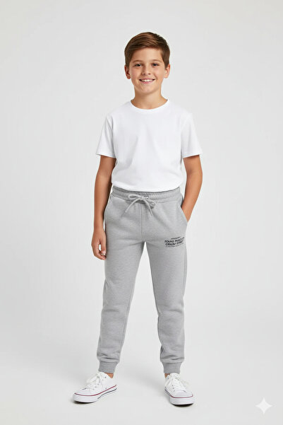 zepkids Printed Lace-Up Gray Melange Color Boy's Tracksuit Single Bottom