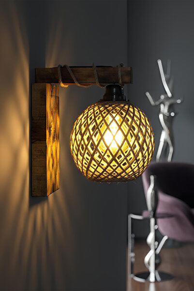 Celestia Rustik Ahşap Duvar Apliği – Doğal Halat Detaylı, El Yapımı Avize, Dekoratif Yatak Odası Lambası