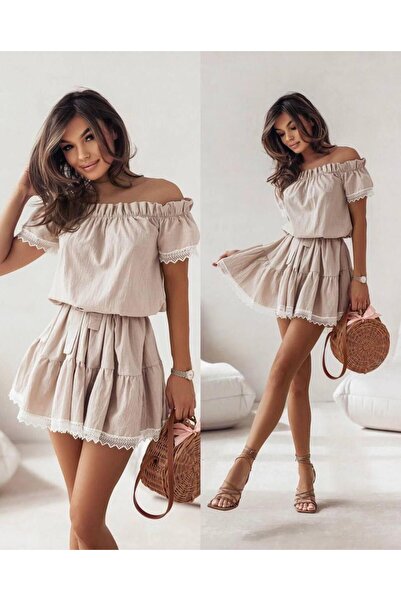 merysare Γυναικείο φόρεμα με δαντέλα Madonna Collar Detailed Ayrobin Fabric - Πολύχρωμο