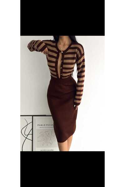 rengastyle Set de tricotaje pentru damă, cu nasturi, în dungi, bluză, fustă (...