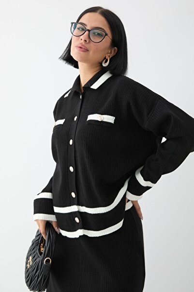 InStyle Černý úpletový set - pruhovaná a kardiganová sukně