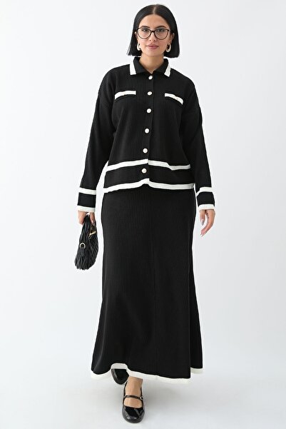 InStyle Černý úpletový set - pruhovaná a kardiganová sukně