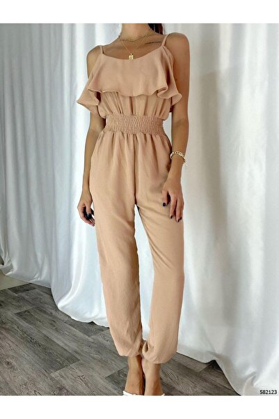 merysare Ύφασμα Ayrobin - Γυναικεία ολόσωμη φόρμα με γυαλιστερή μέση και διπλωμένες τιράντες (χρώμα)