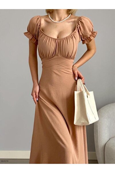 ahanora فستان نسائي من قماش أيروبين برقبة على شكل حرف U وسحاب خلفي وحزام (لون)