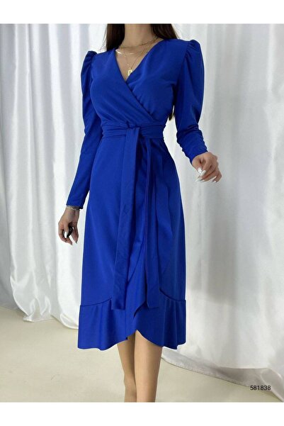 merysare Синя крепова тканина, сукня міді - з поясом, довгі рукави (з поясом)