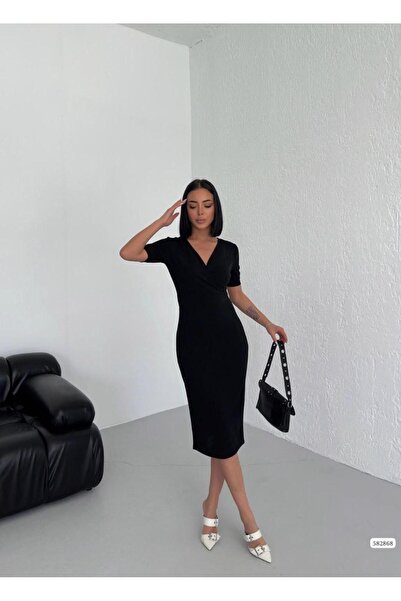 rengastyle Μίντι Φόρεμα Crepe Fabric - Διπλός γιακάς, Κοντό μανίκι (Χρώμα)