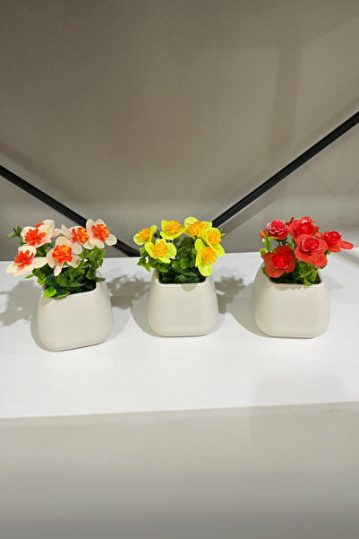 La bella bazar Küçük Boy Saksıda Yapay Çiçek Bitki 3 Adet, Gerçekçi Yapay Çiçek Masa Dekoru