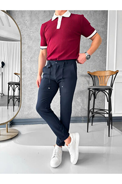 MODEFENDİ Erkek Lacivert İp ve Düğme Detaylı %100 Gofre Kumaş Jogger Pantolon