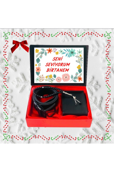 Carlino Sevgililer Günü Erkek Kemer Cüzdan- Tesbih Siyah Hediye Seti