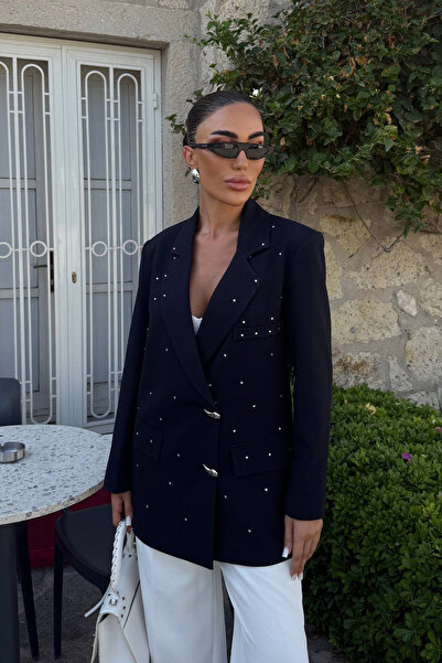 Ortaya Çık Тъмносиньо сако с камъни и детайлен дизайн