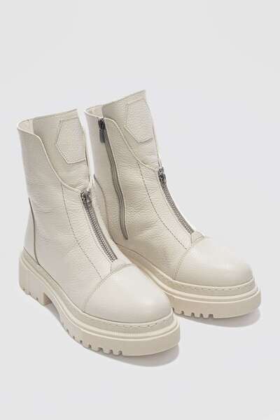 selin shoes Mena valódi bőr, tompa orrú női csizma cipzáras kiegészítőkkel az elején - EKRU