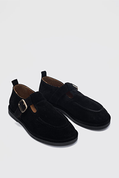 selinshoes Cassiel Genuine Leather Gold Adjustable Buckle Detailed Women's Loafer - Black Suede
