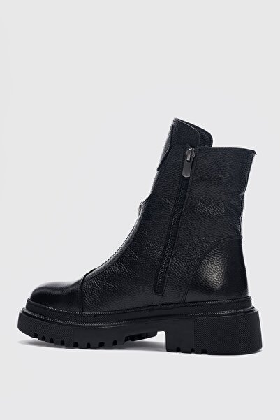 selin shoes Mena  Hakiki Deri Küt Burunlu  Ön Kısımda Fermuar Aksesuarlı Kadın Bot- SİYAH