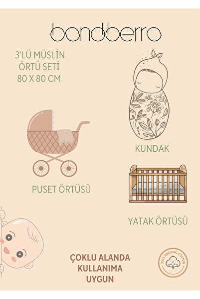Bondberro Çok Amaçlı Müslin Örtü & Battaniye 3'lü Set %100 Pamuk Oeko-teks Sertifikalı 80x80 Cm