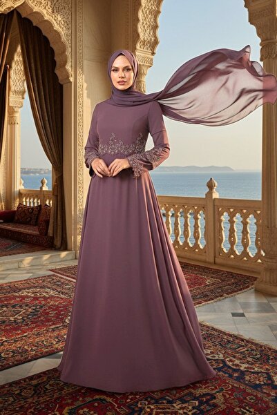 Neva Style Beaded Embroidered Dusty Rose Hijab Evening Dress 9181Gk