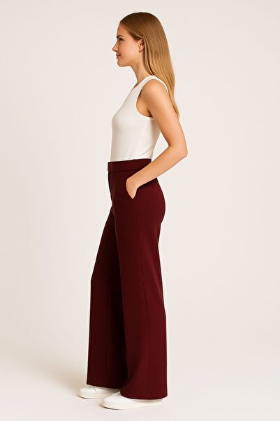 enmodaiçgiyim Promotion Price Burgundy Women's High Waist Lycra Velcro Closure Palazzo Wide Leg Pants