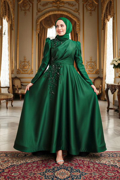 Neva Style Beaded Emerald Green Satin Hijab Evening Dress 22460Zy